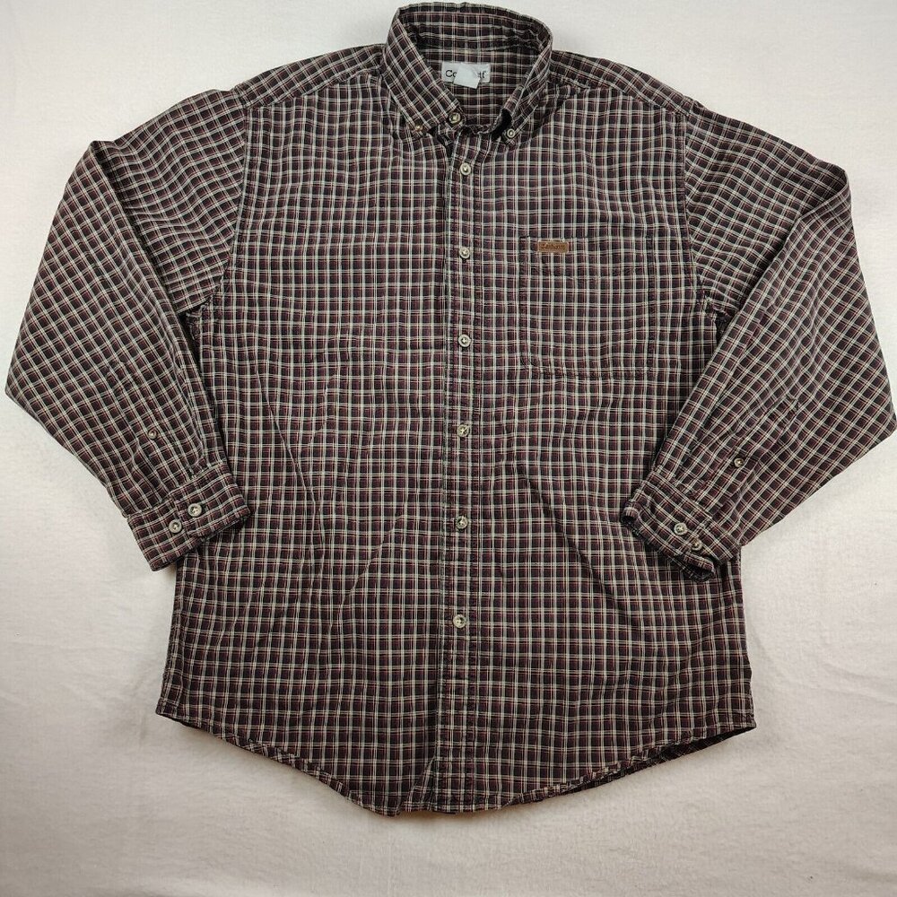 VTG Carhartt Black Red White Plaid 90s Button Down Shirt Mens Medium - Picture 1 of 8